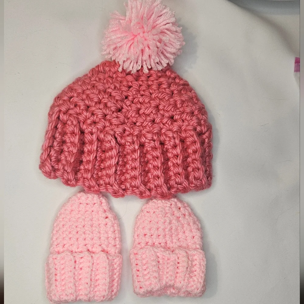 Infant Pink Crochet Hat and Mittens Set
